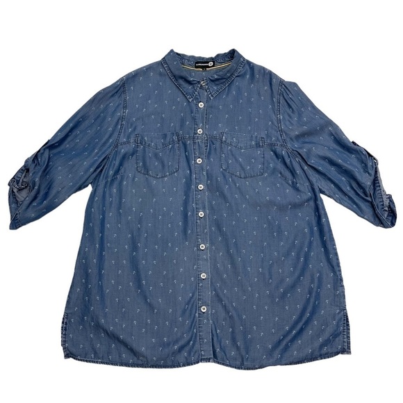 CLAIRE France blue lyocell denim 3/4 sleeves shirt size 18 US anchor pattern - Picture 9 of 12